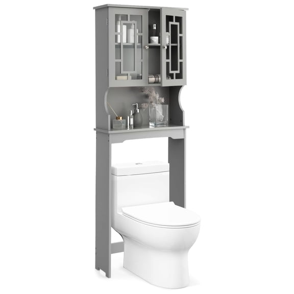Over The Toilet Storage Cabinet, Bathroom Shelf Over Toilet, Double Door Bathroom Storage Cabinet Organizer with Adjustable Shelf, Open Shelf (Grey)