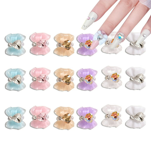 18 dijes de uñas con lazo 3D, gemas de uñas con lazo de corazón de cristal, diamantes brillantes, accesorios para uñas, lazos de resina, decoraciones para uñas, suministros de bricolaje