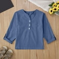 thumbnail image 2 of Mwjwdo Girls Cotton Linen Shirts Summer Blouse Long Sleeve Kids Unisex Lightweight Henley Tops T Shirt Loose Fit with Pocket Blue 120, 2 of 4
