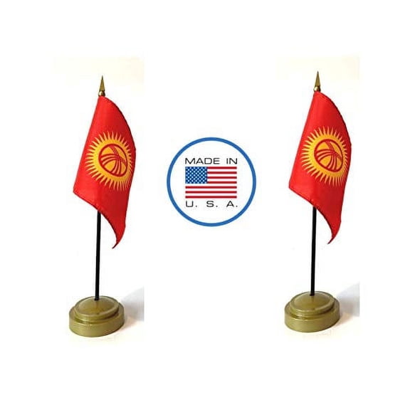 2 Kyrgyzstan Miniature Desk & Hand Waving Flags Set - Includes 2 Rayon 4"x6" Flags, 2 Bronze Stands, and 2 Mini Kyrgyzstan Stick Flags