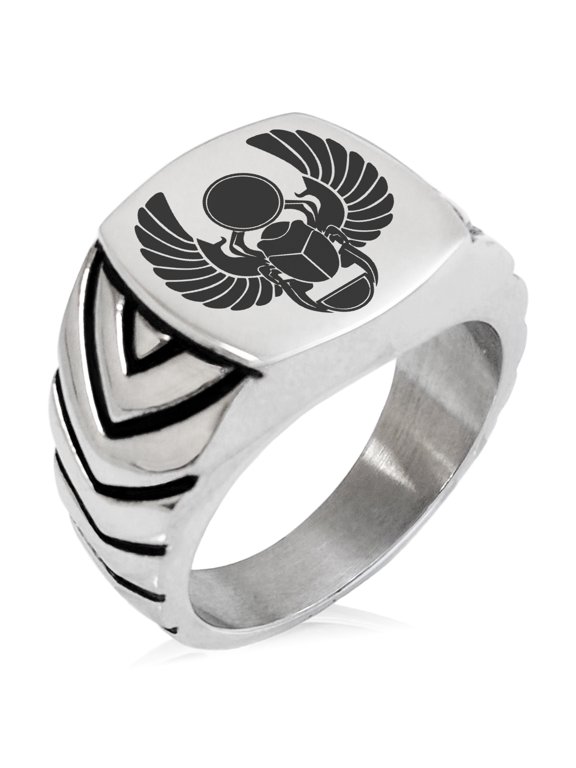 Stainless Steel Scarab Beetle Sacred Sun Chevron Pattern Biker Style Polished Ring