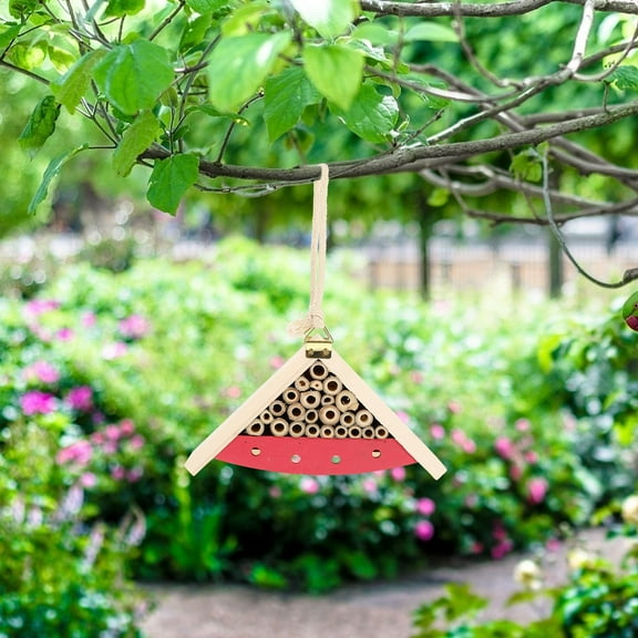 Soimiss 1Pc Wooden Bee House Pink Painted Hanging Cabin for Outdoor