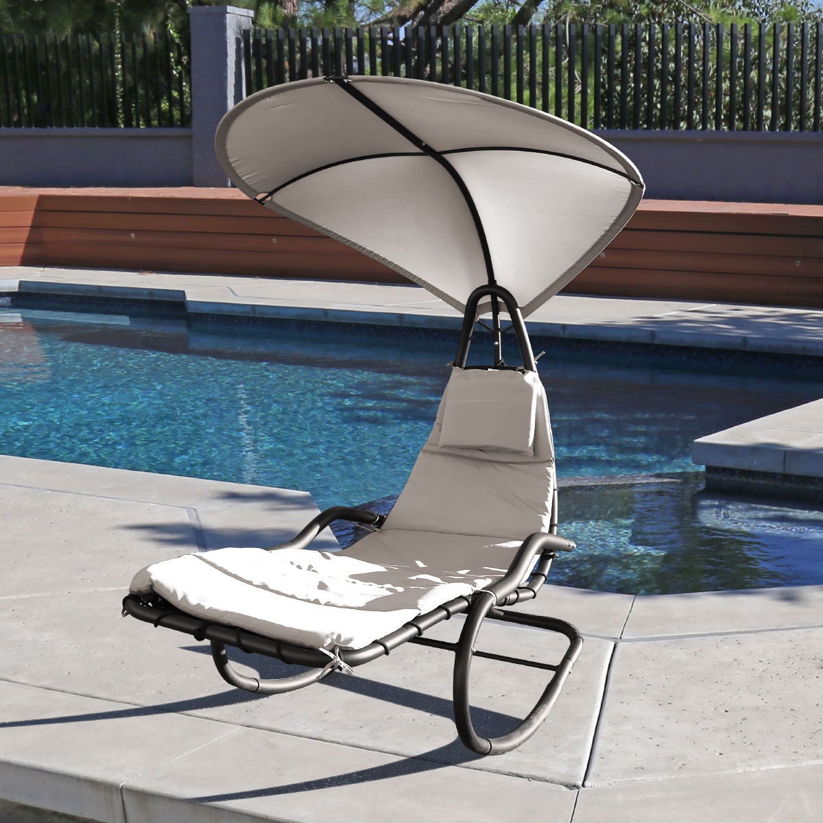 Rocking Hanging Lounge Chair - Curved Chaise Rocking Lounge Chair Swing For Backyard Patio w/ Built-in Pillow Removable Canopy with stand {Beige} - image 2 of 8