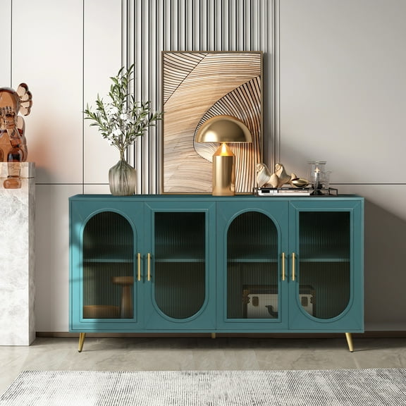 Everly Modern 4 Door Storage Cabinet, TV Stand With Glass Door and Adjustable Shelves, Navy Blue