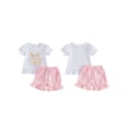 thumbnail image 2 of BemeyourBBs Kids Toddler Baby Girls Birthday Outfit 1 2 3 4 Years Old Birthday Summer Clothes Puff Short Sleeve Letters Embroidery T-shirt with Ruffle Plaid Shorts Set, 2 of 9