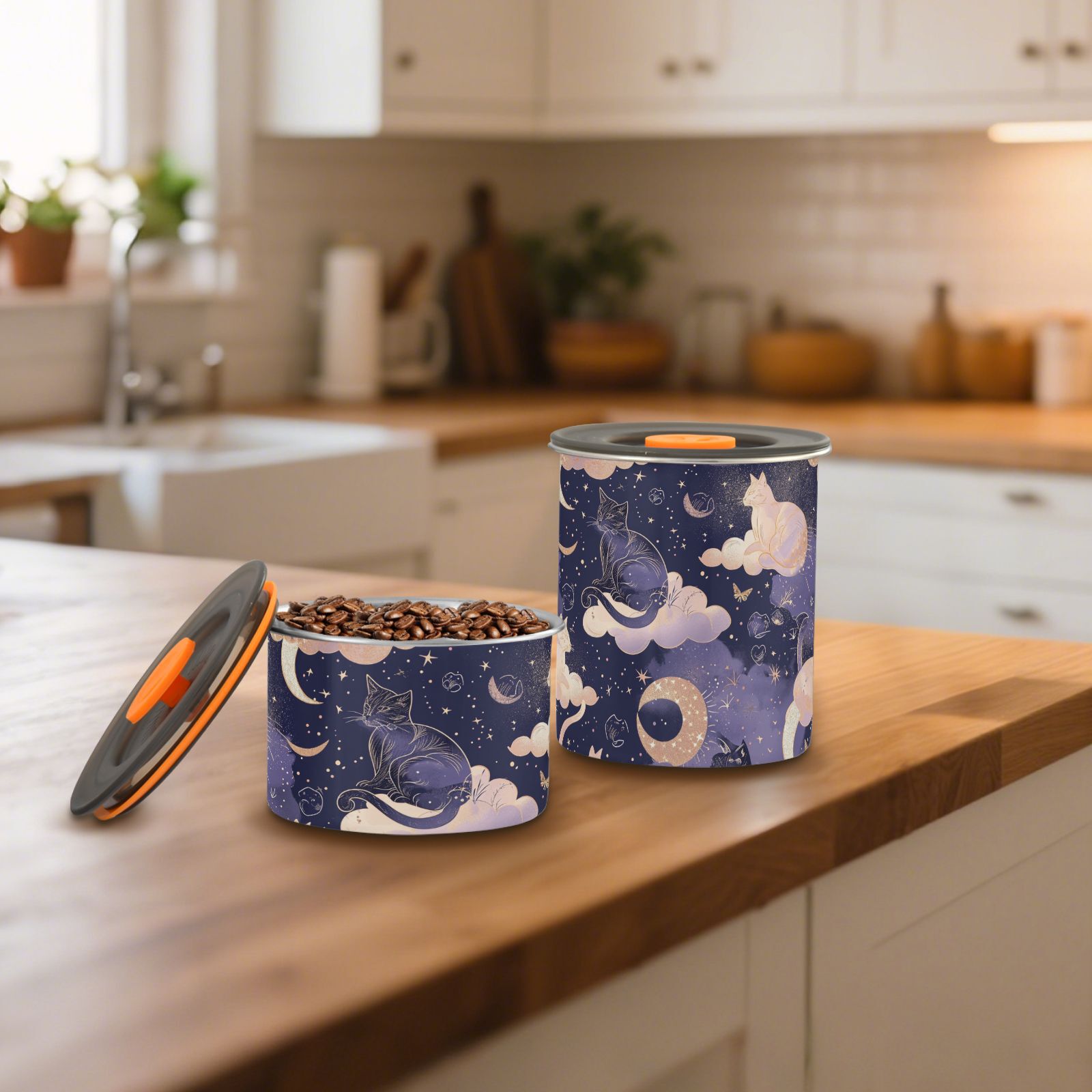 Cat Moon Star Witchy Airtight Coffee Bean Canister 30oz Food Storage Containers with Lids For Gournd, Tea, Sugar, Flour, Rice, Cereal, Candy Cookie Jar