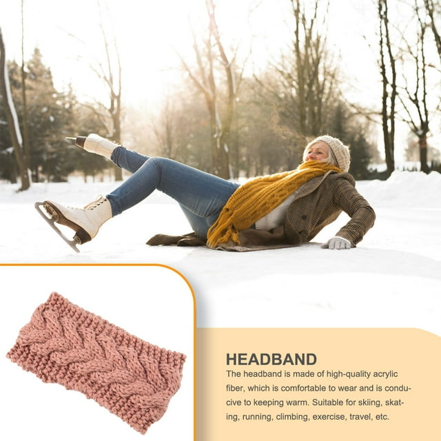 Womens Winter Headband Elasticity Head Protector Warm Chunky Ladies Crocheted Riding Ear Muffs Simple Style Hair Accessories for Women Pink
