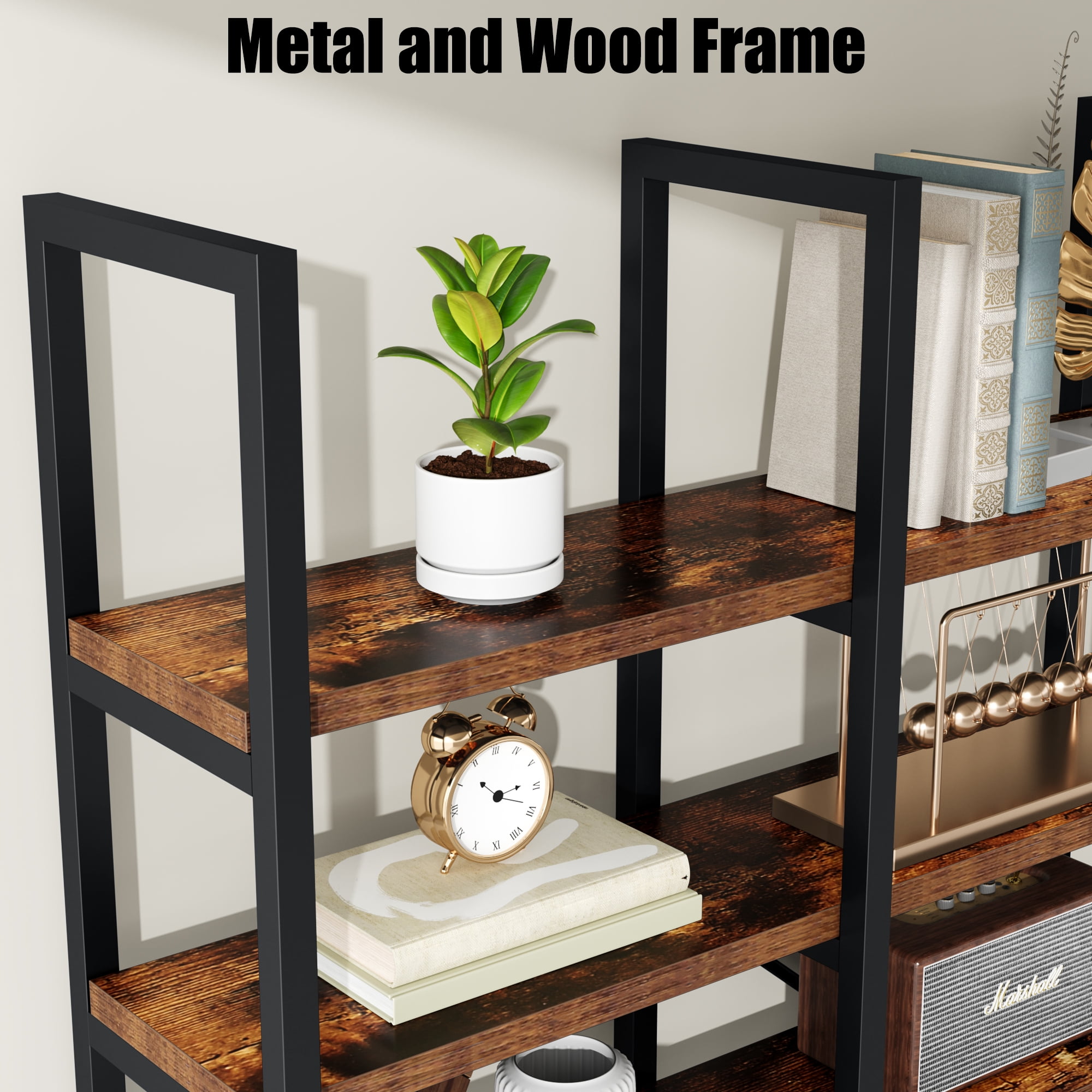 ModFurne Large Bookshelf 5 Tiers, Triple Wide Geometric Bookcase, 71 Inches Tall Industrial Book Shelves Etagere Book Case, Brown