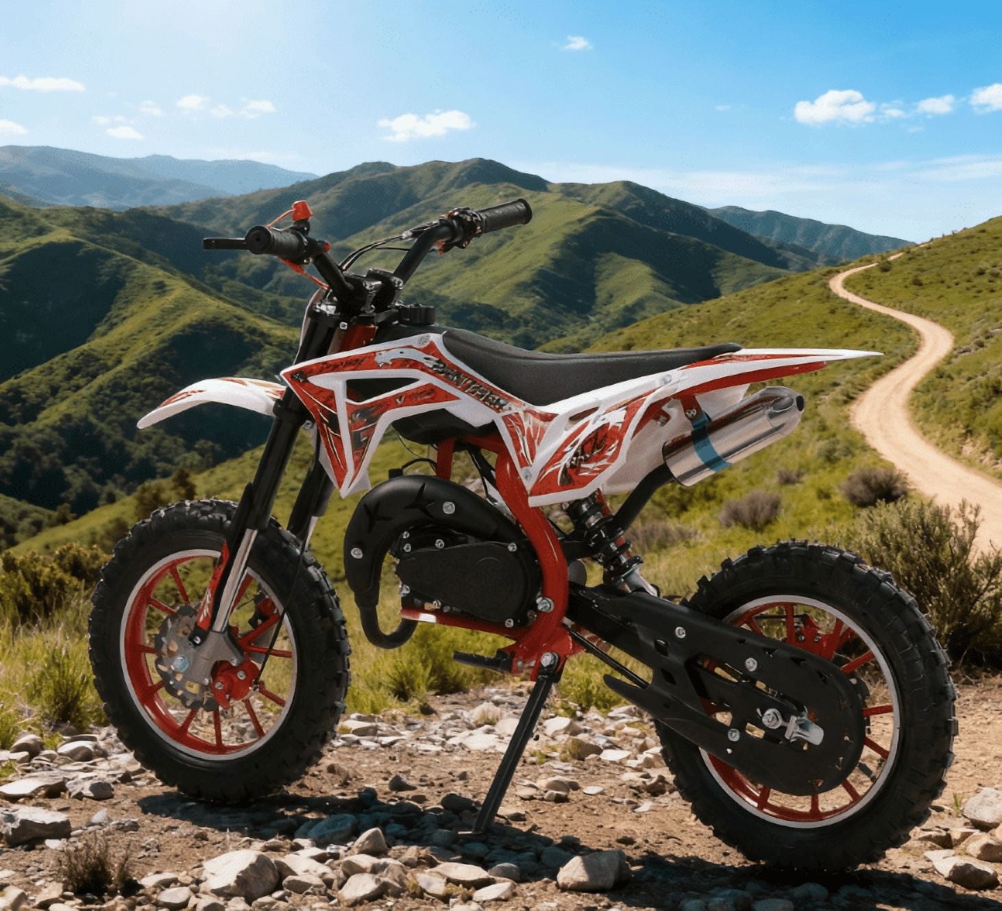 49cc 2-Stroke Kids Dirt Bike - 40KM/H Gas Powered Off-Road Motorcycle with Front/Rear Disc Brakes (Red)