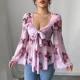 thumbnail image 6 of Tmtolofot Chiffon Tops for Women Front Bow Tie Tunic Tops Ruffle Hem Long Sleeve Shirts V Neck Floral Print Peplum Blouses Fashion Trendy Sexy Outfits 2026 Vacation Elegant Tee Top|Pink|S, 6 of 8