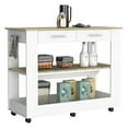 thumbnail image 3 of 46 Inches Kitchen Island, White/ Oak, 2 Drawers & Bottom/middle Shelves, Lockable Wheels, 20 W X 45.9 D Top Surface Area White / Oak Island , Two Middle/bottom Locking System Top, Quality Build, 3 of 3