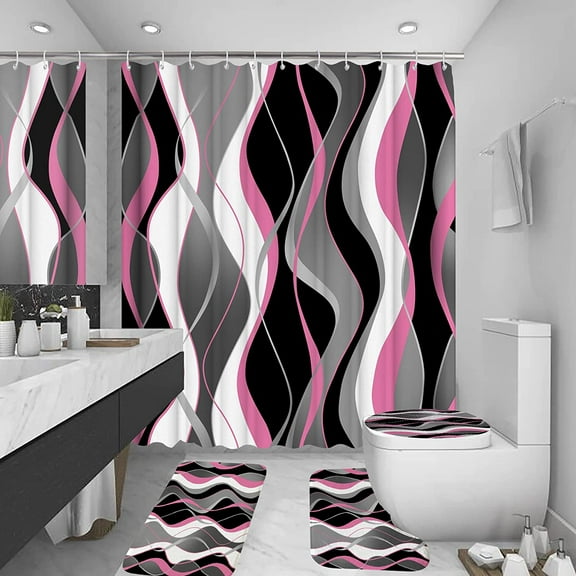 Pink shower curtain set (180*180cm) including anti-slip carpet/toilet seat/bath mat three-piece set