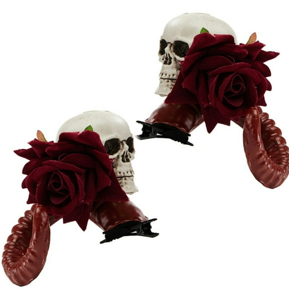 FENOHREFE Antelope Horn Skull Hair Clip for Adult Cosplay Costume Devil Horn Rose Barrettes Halloween Party Rose Hairpiece