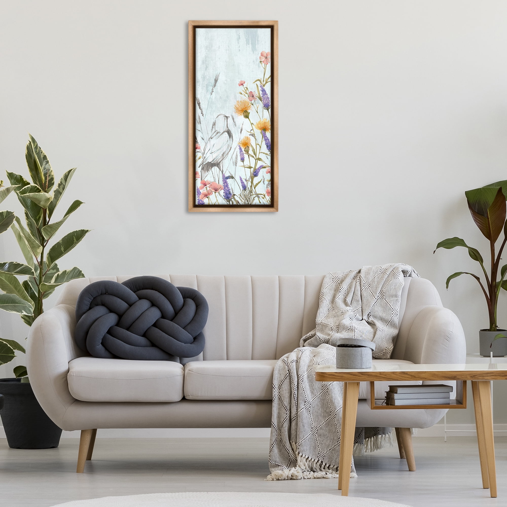 Stupell Industries Bird Outline with Wildflowers Plants & Flowers Painting Brown Floater Framed Canvas Art Print Wall Art, 14 x 31
