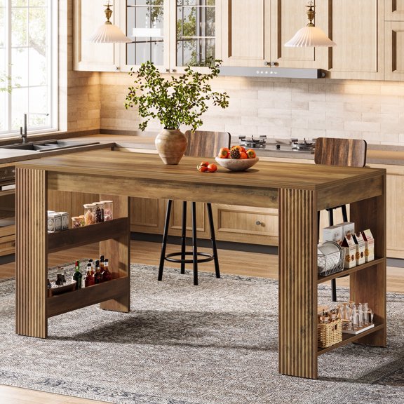 Finmind Farmhouse Bar Table, 63-inch Counter Height Table with Storage Shelves for Kitchen, Dining Room, Bistro, Rustic Brown