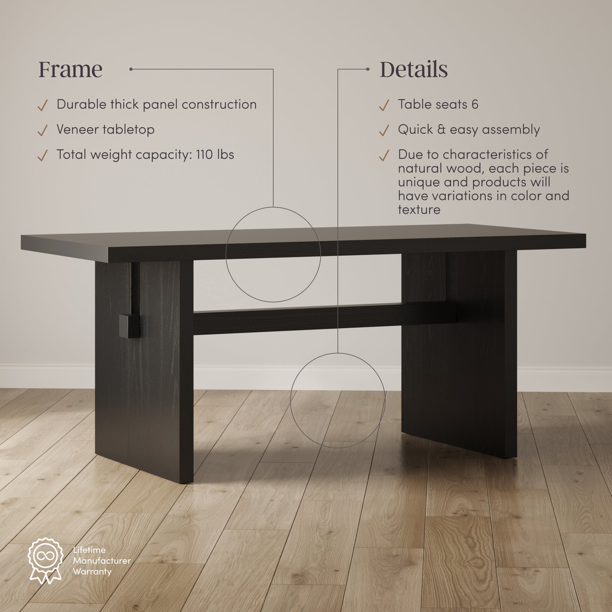 Nathan James Briggs Modern Dining Table for 6, Small Rectangle Dining Table, 6-Person Black Dining Table,  Solid Wood Modern Dining Table in Black Oak