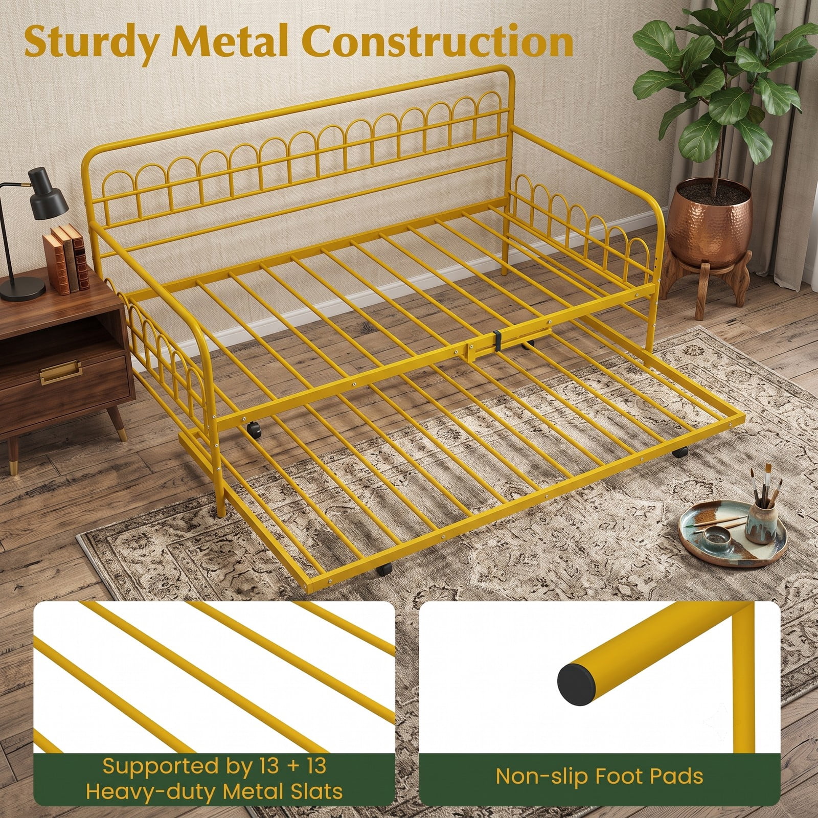 Furnibear Twin Metal Daybed with Pull-Out Trundle and Arched Rail Detailing on Lockable Casters for Bedroom and Guest Room, Gold