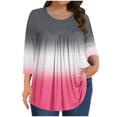thumbnail image 2 of CHGBMOK Womens 3/4 Sleeve Blouses Color Block Crew Neck T Shirts Casual Pleated Tops Curved Hem Going Out Outfit, 2 of 6