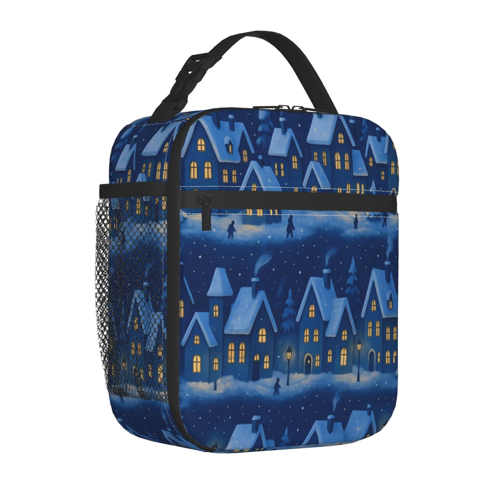 Lunch Bag For Women Men Insulated Portable Lunch Box Bento Box Office Picnic Travel Cooler Bag Magical Christmas Village Night Pattern