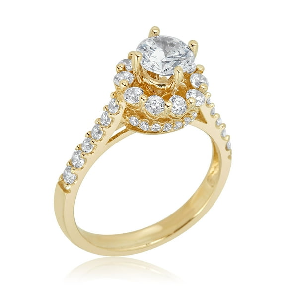 AVORA 10K Yellow Gold 1 Carat Simulated Diamond CZ Cathedral Halo Engagement Wedding Anniversary Ring  - Size 7.5