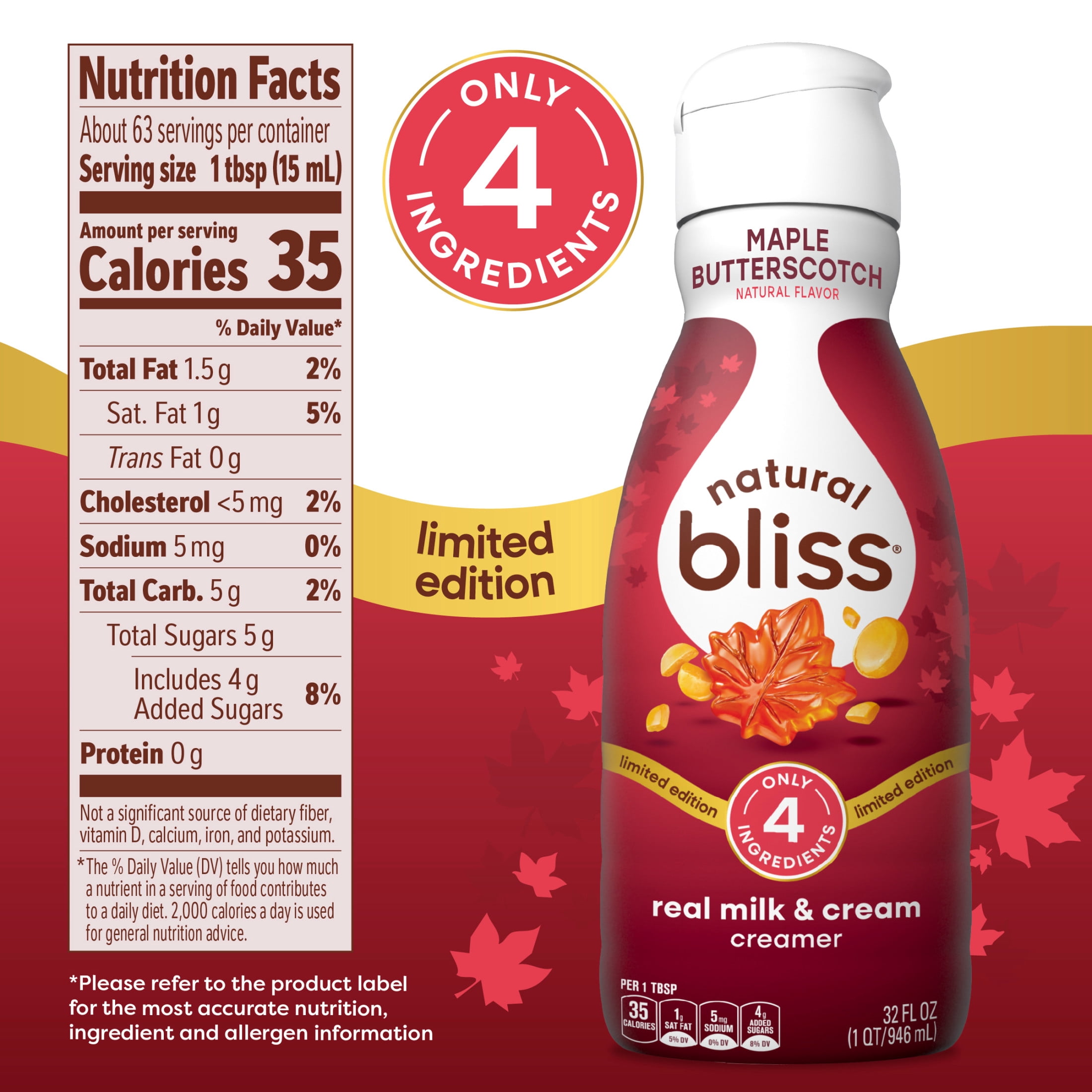 natural bliss Maple Butterscotch Flavored Creamer, Gluten Free Creamer for Hot & Iced Fall Drinks 32 fl oz