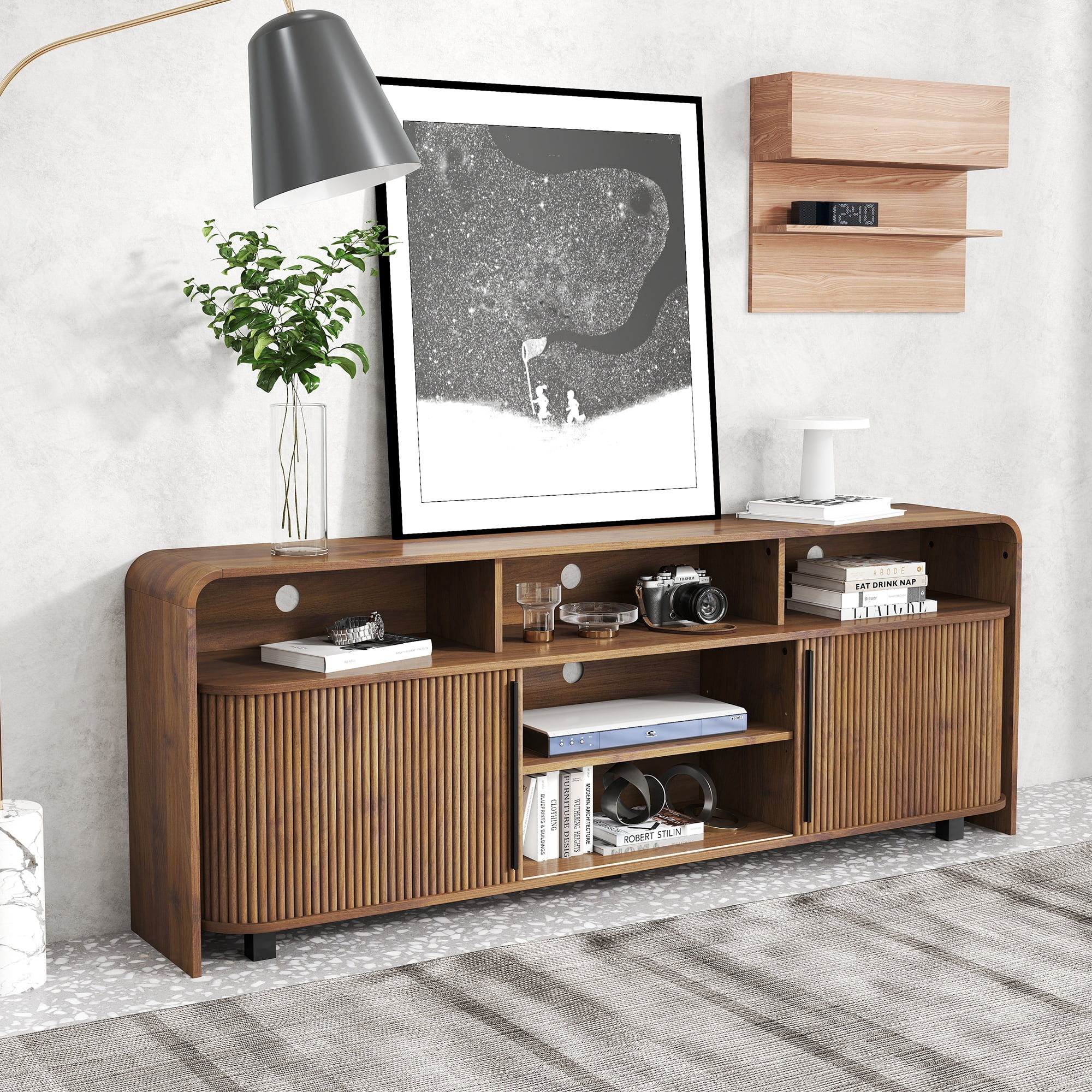 Mid Century Modern TV Stand for Bedroom, Fluted Entertainment Center for TVs up to 75 Inch, Media Console with Sliding Doors for Living Room, Walnut