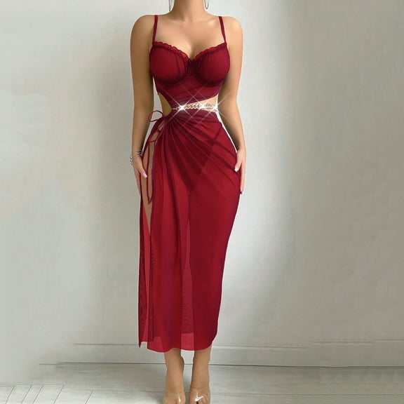 Women's Mesh Lingerie Dress Underwire High Slit Nightgown With Waist Chain