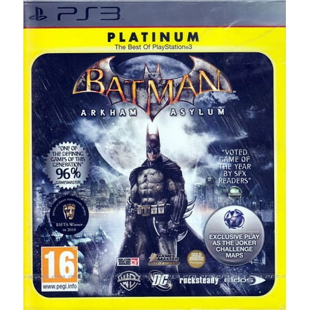 Batman Arkham Asylum (Platinum UK Import) for PS3 WELCOME TO THE MADHOUSE! Descend into the core of the criminally insane as The Joker launches his most diabolical plot ever. The inmates of Arkham have been set free - and it s up to Batman to bring order to the chaos and take back the asylum. Explore the depths of this never-before seen island as you experience the darkest journey of Batman s life. Written by Paul Dini and featuring the voice talents of Mark Hamill and Kevin Conroy. Play as The Joker. Challenge maps available for download only on PlayStation 3. Confront Gotham s most notorious lunatics  including The Joker  Bane  Poison Ivy and Killer Croc. Utilize Batman s detective skills and cutting-edge forensic tech to gather evidence and clues. Unleash brutal combos with the innovative FreeFlow combat system Published in the UK for worldwide use. This  Region Free  Playstation 3 game is compatible with all Playstation 3 console systems around the world. Rated  M  for Mature (ages 16+)