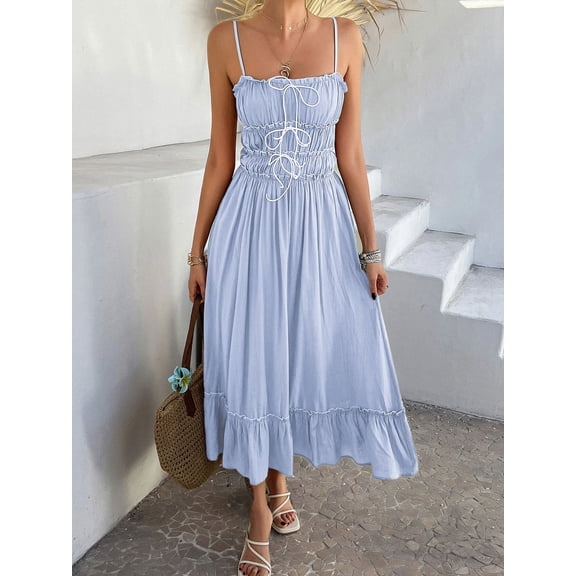 French-style gentle light blue strap dress for women, with tie and large hem A-line midi dress