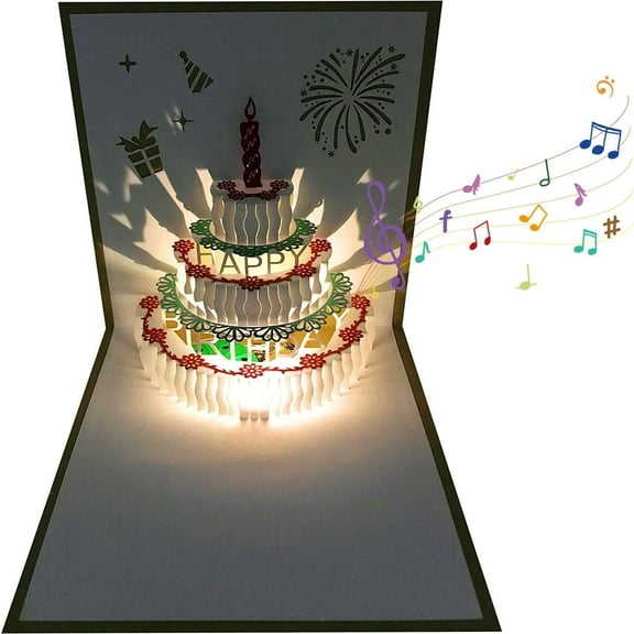 Pop Up Birthday Cards, 3D Color Changing Warm Light Music Happy Birthday Cake Greeting Card, Birthday Card Gift for Her Women Mom Wife Sister Girl Friends