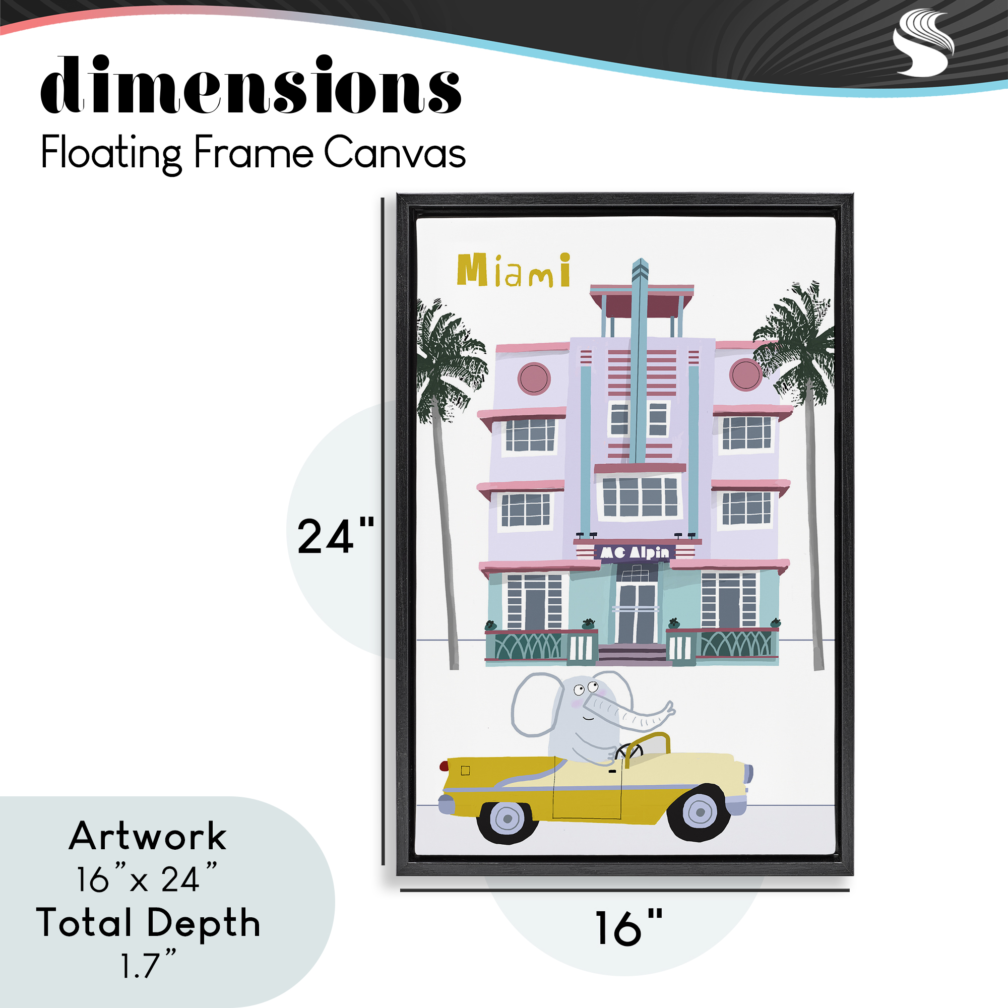 Elephant & Miami Hotel Black Framed Floater Canvas Wall Art, design by Carla Daly