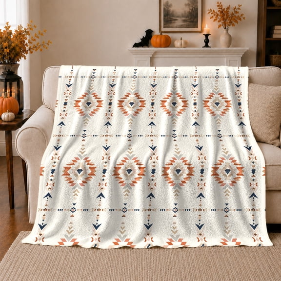 Geometric Diamond and Chevron Flannel Blanket, Rust Orange Navy and Beige on Ivory, Southwestern Style Throw for Adult Pattern Enthusiasts, Housewarming Gift for Living Room or Bedroom