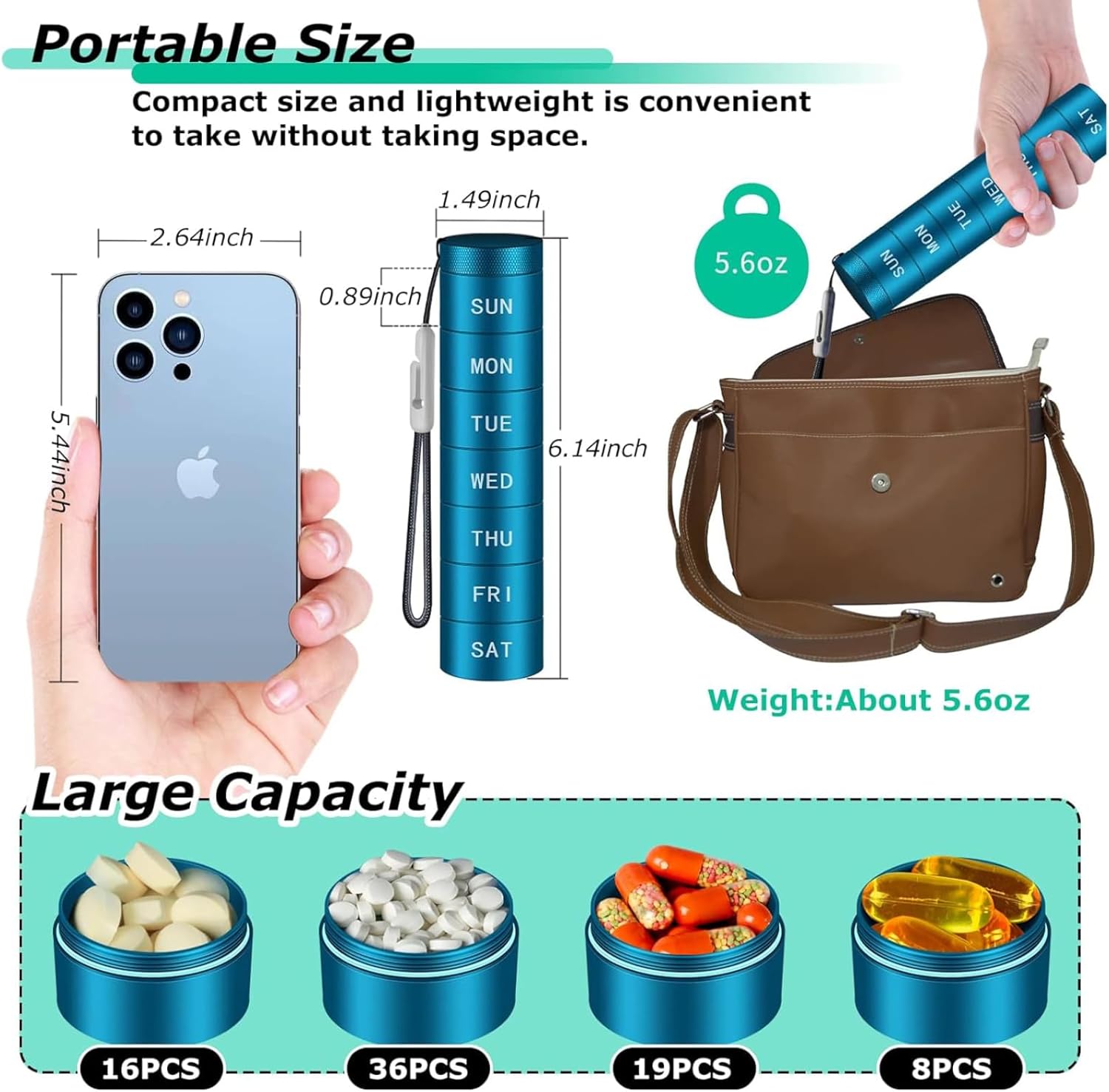 Weekly Pill Case with Removable Days, Sealed Pill Container Aluminum, Small Travel Stackable Pill Holder Nontoxic, Decorative Discreet Portable Pill Organizer 1 Time A Day