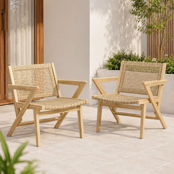 LQLI Patio Folding Chair Set of 2, Outdoor Wicker Rattan Club Armchairs with Wood Frame, Light Brown Low Back Porch Chairs for Patio, Deck, Balcony and Sun room,Easy Assembly