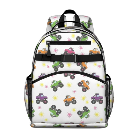 Monster Cartoon Truck White Pattern Cute School Backpack Bag for School with Padded Back and Adjustable Shoulder Straps 15.25"x11.5"x5.25"