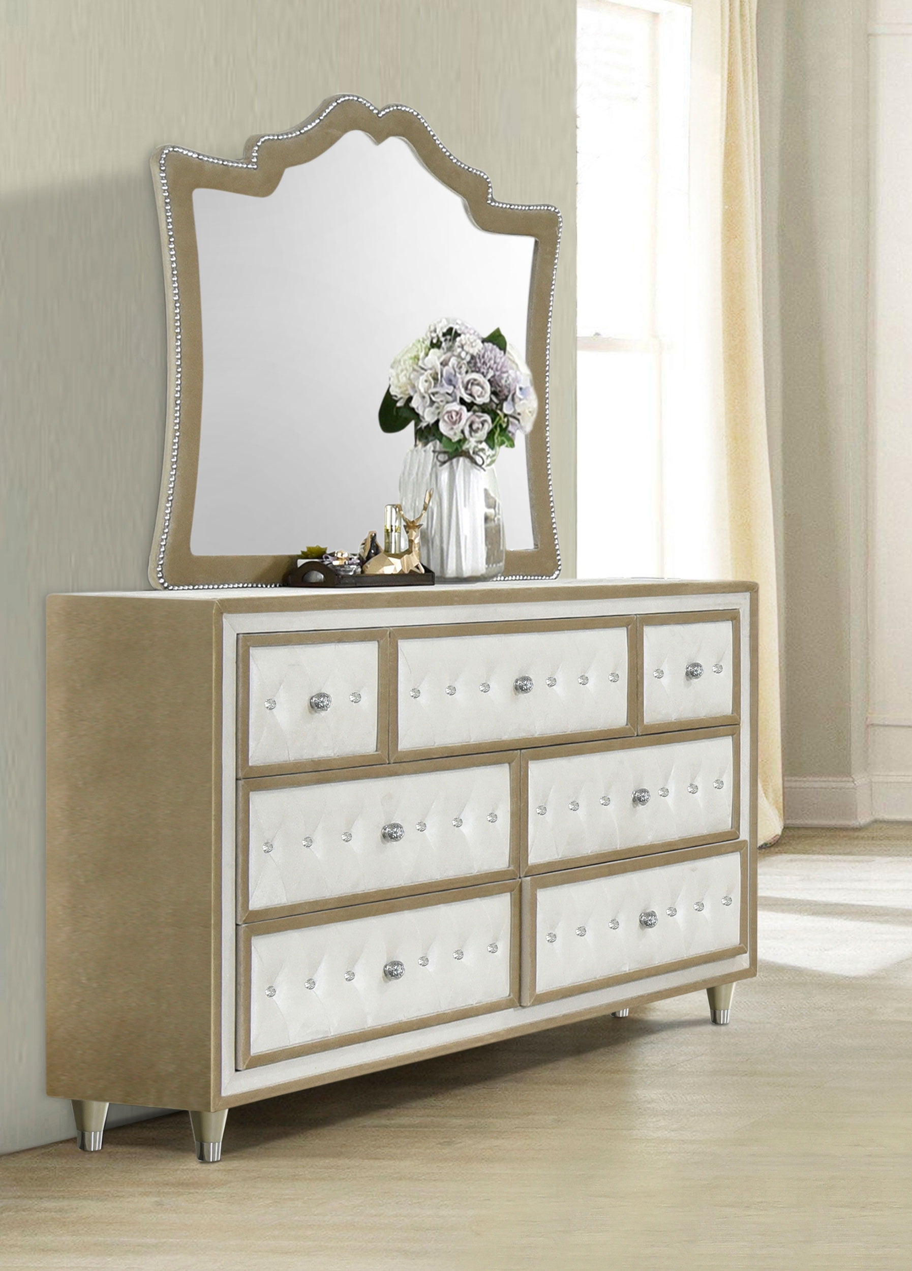 Antonella 7-drawer Upholstered Dresser with Mirror Ivory - Walmart.com