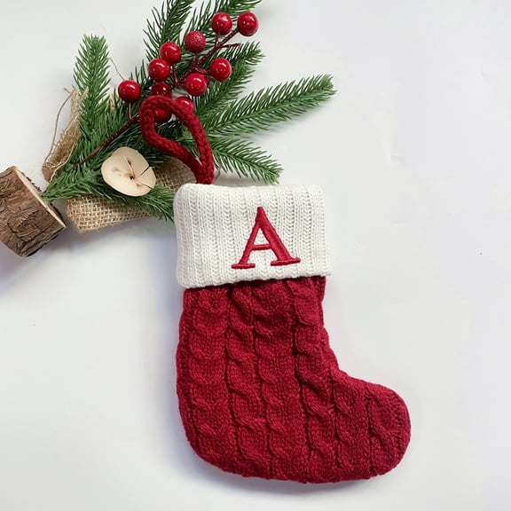 TETOU Christmas Stocking with Letter Mini Cute Red Knitted Christmas Stocks Gift Bags Pendant Christmas Tree Decor