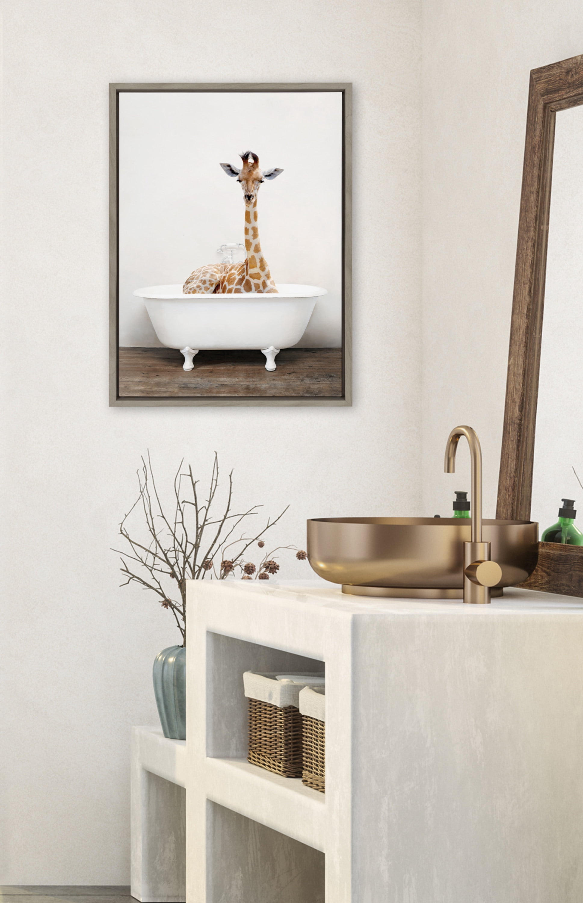 Kate and Laurel Sylvie Giraffe 2 in the Tub Color Framed Canvas Wall Art by Amy Peterson Art Studio, 18x24 Gray, Modern Fun Decorative Bathtub Wall Art for Home Décor