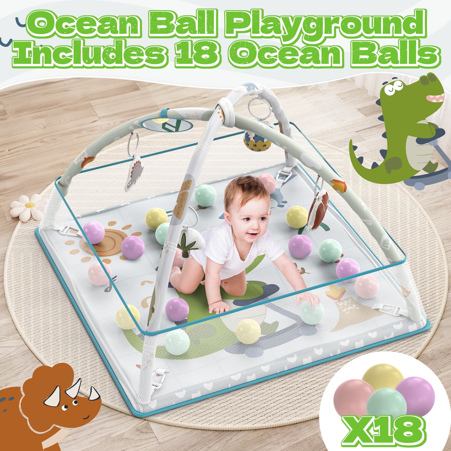 WonderStone 5-in-1 Baby Gym & Play Mat, Tummy Time Toys with Sensory Toys & 18 Balls for Newborns and Infants 0-12 Months, Dinosaur