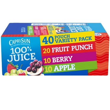 Capri Sun 100% Juice Fruit Punch, Berry & Apple Naturally Flavored Juice Variety Pack, 40 ct Box, 6 fl oz Pouches