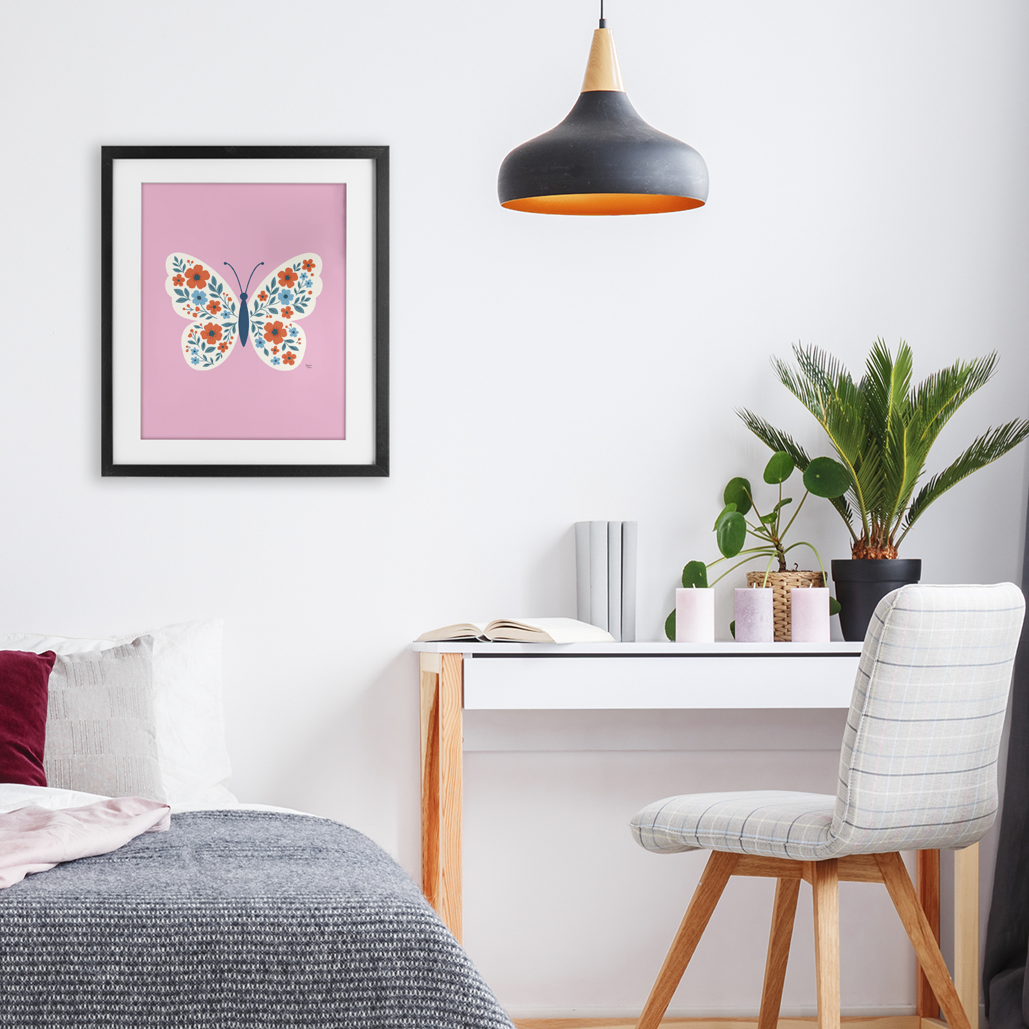 Boho Pink Floral Butterfly Black Framed Print Under Glass, design by Jessica Beck