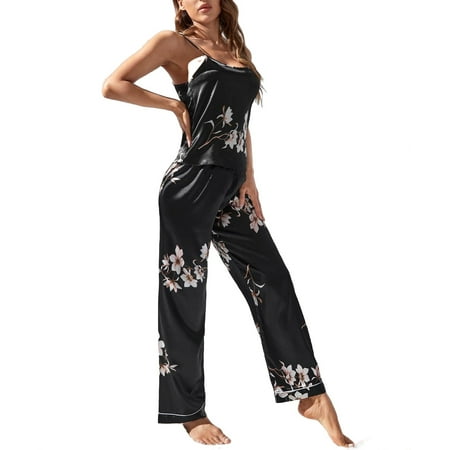 

2pcs Set Elegant Floral Print Cami PJ Pant Sets Sleeveless Black Women s Pajama Sets (Women s)