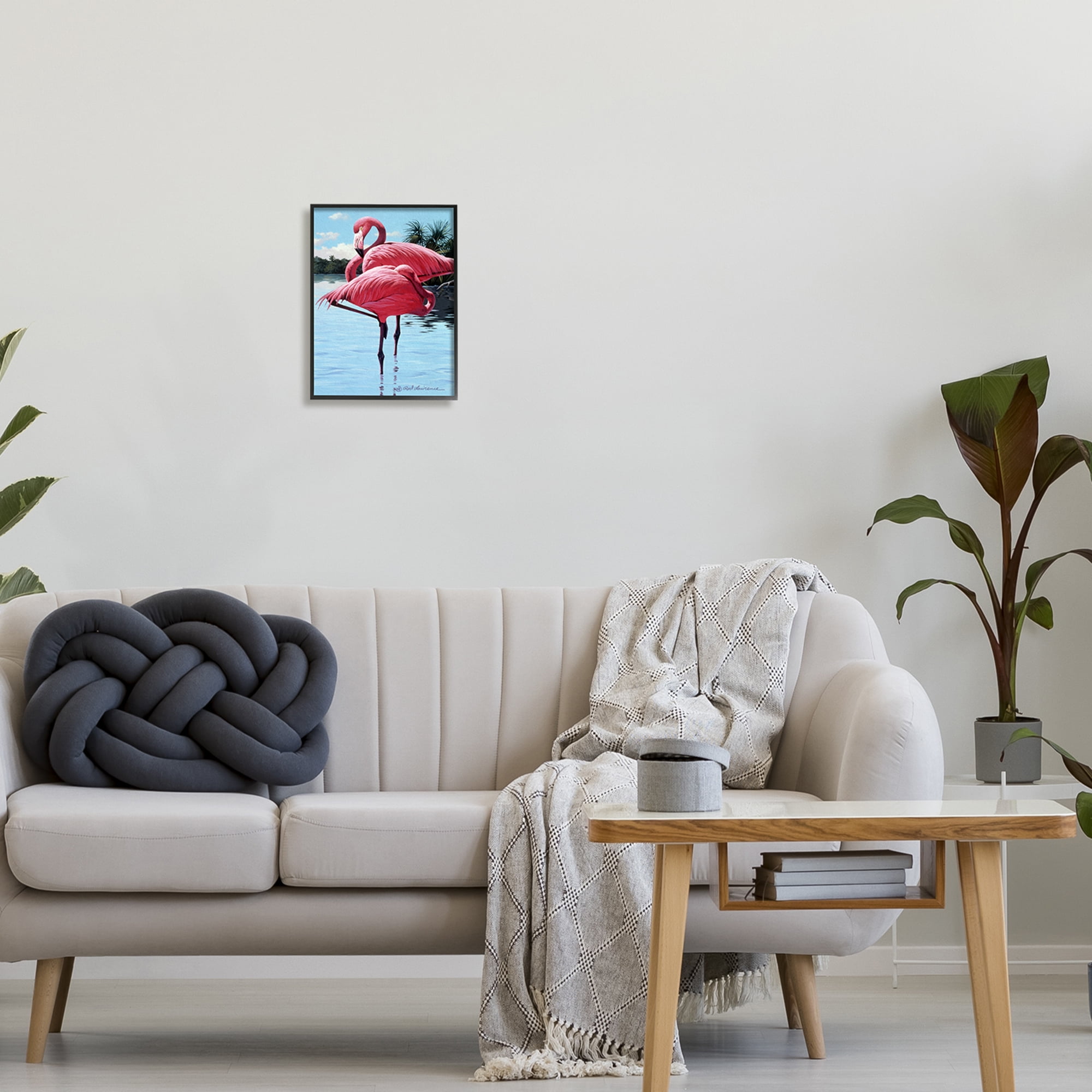 Stupell Industries Flamingos Balancing on Shore Animals & Insects Painting Black Framed Art Print Wall Art, 11 x 14