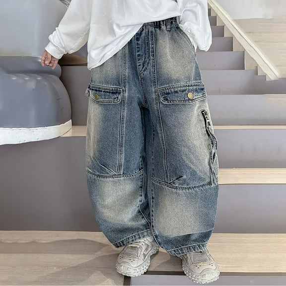 Huowey Boys Cargo Jeans Comfortable Stretch Denim Pants Wide Leg Casual Loose Fit Trousers Fot Big Boys Elastic Waist Drawstring Relaxed Dailywear,Blue,9-10 Years