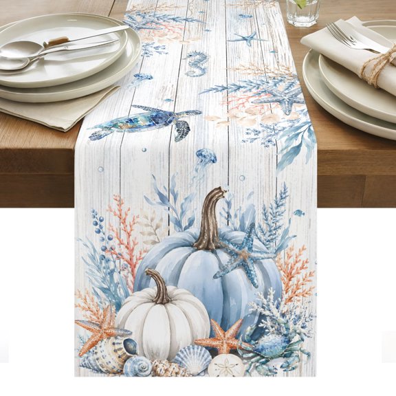 Coastal Thanksgiving Table Runner Fall Pumpkins Sea Turtle Grey Wooden Tablerunners 13 x 36 Inch, Table Decorations Tabletop Scarf for Summer Gathering Holiday Farmhouse Kitchen Dining Decor
