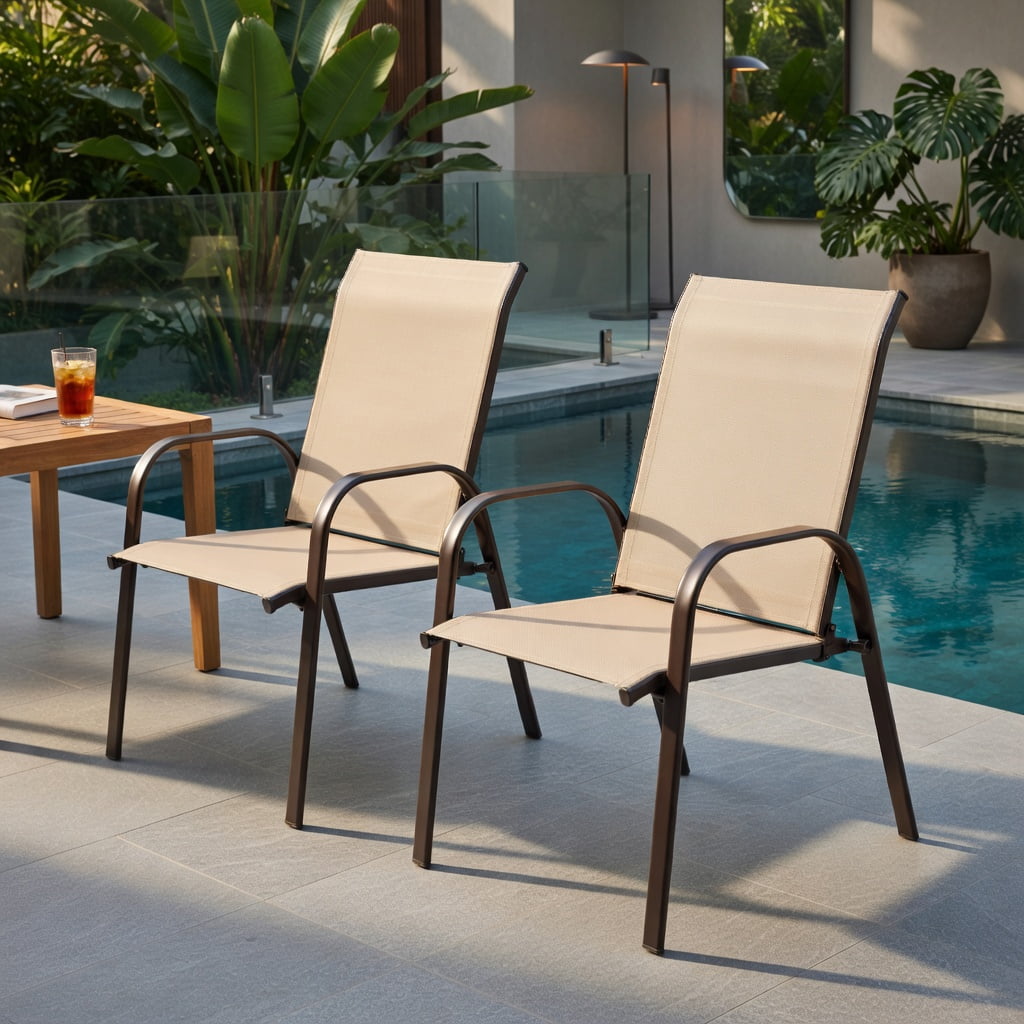 Hommoo 2-Pack Outdoor Patio Dining Chairs with Armrests, Heavy-Duty Steel Frame, Breathable Fabric, Stackable & Easy Assembly for Deck, Pool, Garden & Balcony, Beige