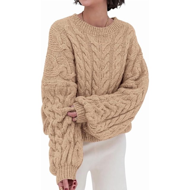 PRETTYGARDEN Womens Sweaters Spring 2025 Cable Knit Long Sleeve Crewneck Oversized Sweater Chunky Pullover Loose Outfits