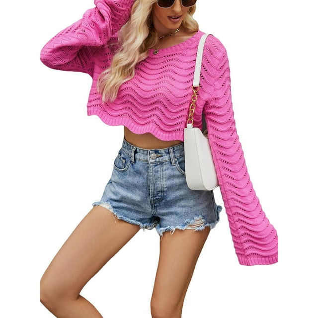 xiaxaixu Chandail Court en Tricot pour Femme, Printemps Automne, Couleur Unie, Manches Longues, Col Ras du Cou