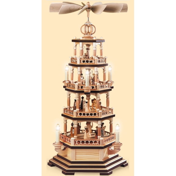 German christmas pyramid Christmas story, 4-tier, height 72 cm / 28 inch, electrical illuminated and driven (120V, 50Hz for USA and Japan), natural, original Erzgebirge by Müller Seiffen