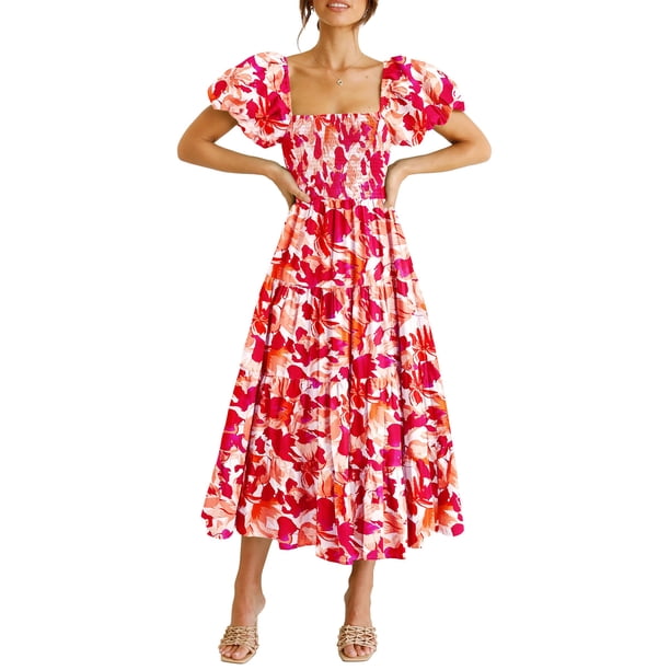 Vestido PRETTYGARDEN Midi de Verano con Escote Cuadrado y Mangas Abullonadas Rojo S